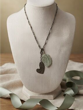 Moon’C Paris Long Boho Pewter Heart & Sage Leaf Lariat Necklace